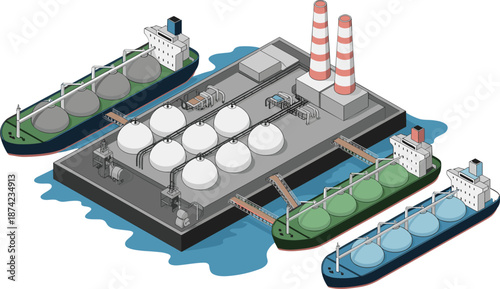 Isometric 3D illustration of liquefied natural gas terminal with industrial storage tanks, cargo ships, pipelines, and marine energy transportation facility