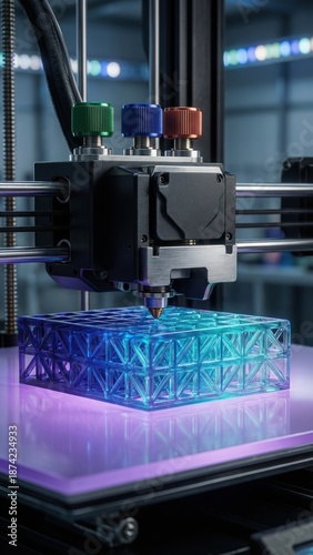 Cinematic close up of 3d printer forming luminous lattice object with precision parts in lab, innovation, 3d printing, advanced manufacturing-