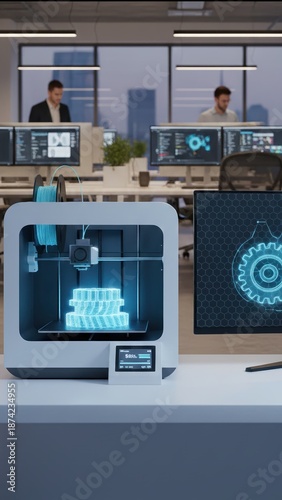 Futuristic 3d printer producing gear beside holographic cad display in blue tech studio, engineering focus, 3d printing, advanced manufacturing