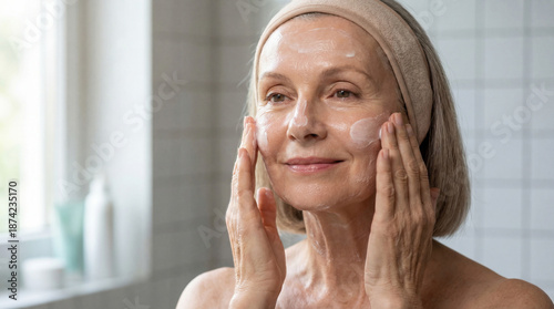 A mature woman enjoying her skincare routine, applying cleanser gently or cream on her face. Self-care and wellness at home.