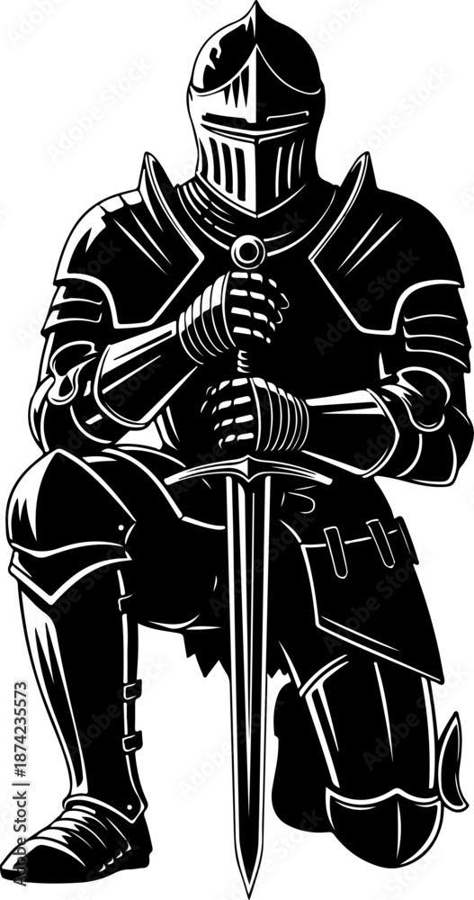 Obraz premium Medieval Knight Kneeling With Sword silhouette vector illustration