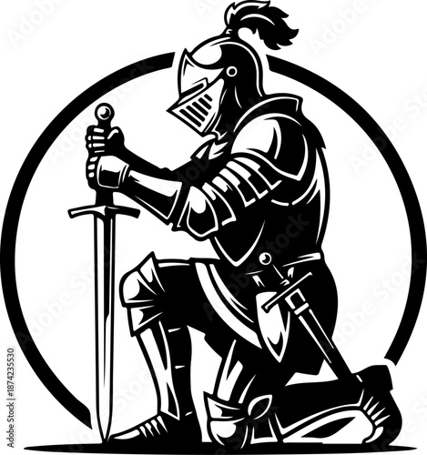 Medieval Knight Kneeling With Sword silhouette vector illustration
