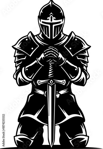 Medieval Knight Kneeling With Sword silhouette vector illustration