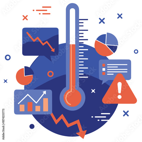 Business decline concept with thermometer and falling graphs