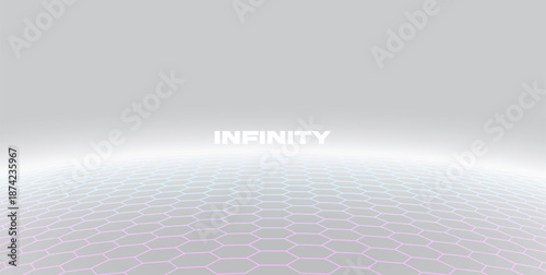 Bright hexagon background. Shiny white futuristic background with 3D hexagonal floor. Futuristic digital landscape with glowing grid horizon. Cyber space. High-tech innovation and data systems.