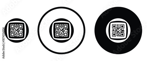Three minimalist black and white QR code icons arranged horizontally on a transparent background. Left: standard square QR pattern. Center: QR inside thin white circle on black. Right: QR inside thick