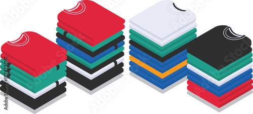 Isometric 3d illustration of neatly stacked folded t shirts in various colors for clothing store, fashion, and retail display