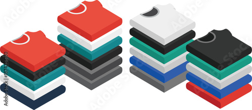 Isometric 3d illustration of neatly stacked folded t shirts in various colors for clothing store, fashion, and retail display