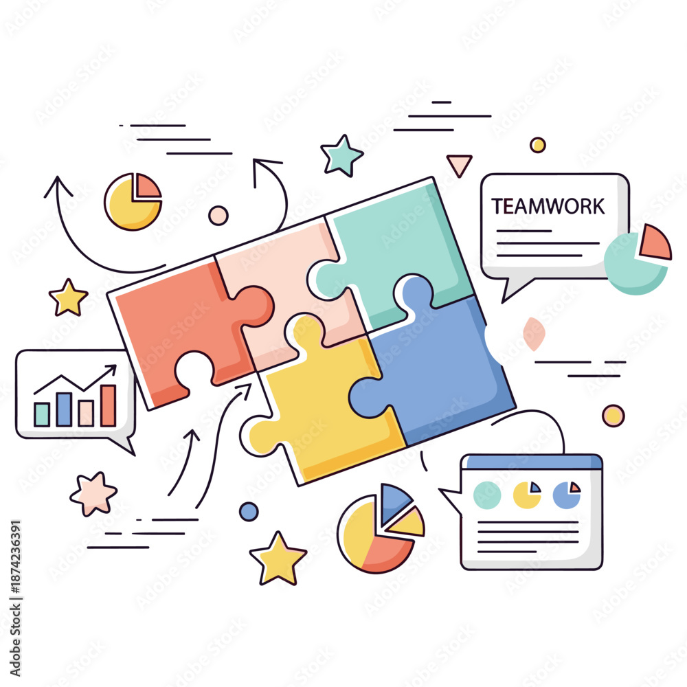 Fototapeta premium Colorful puzzle pieces representing teamwork and collaboration with graphs and charts