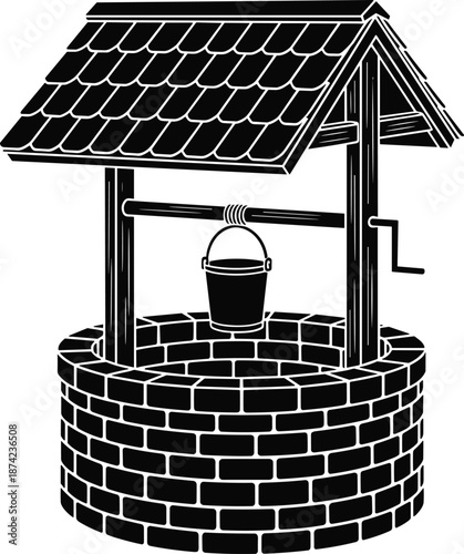Traditional stone water well with wooden roof, hand crank, and bucket, vintage rural wishing well illustration, isolated black and white vector art