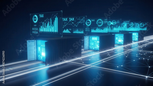 Futuristic shipping containers with glowing digital screens displaying tax data and graphs in a modern logistics hub