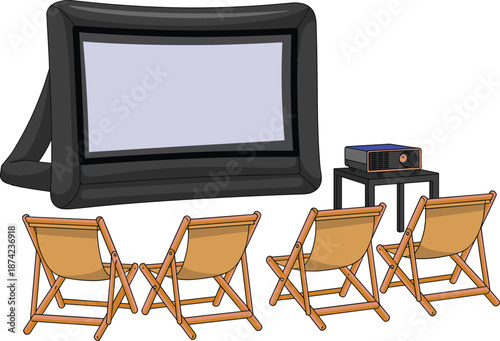 Outdoor cinema illustration with inflatable movie screen, projector and folding chairs, open air film night concept isolated on white background