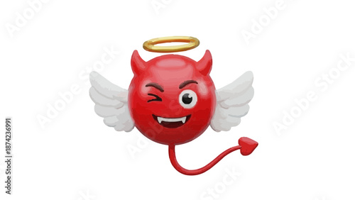 Cute devil emoji with wings and halo smiling