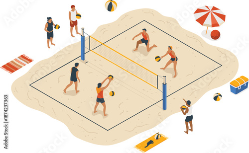 Isometric beach volleyball game illustration with players and sand court, summer sports activity scene, tropical outdoor recreation vector art