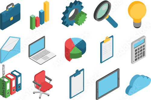 Isometric business and office icon set including laptop, briefcase, chart, calculator, documents, cloud storage, idea bulb, magnifying glass