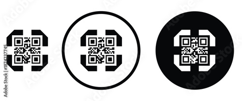 Three minimalist black and white QR code icons arranged horizontally on a transparent background. Left: standard square QR pattern. Center: QR inside thin white circle on black. Right: QR inside thick