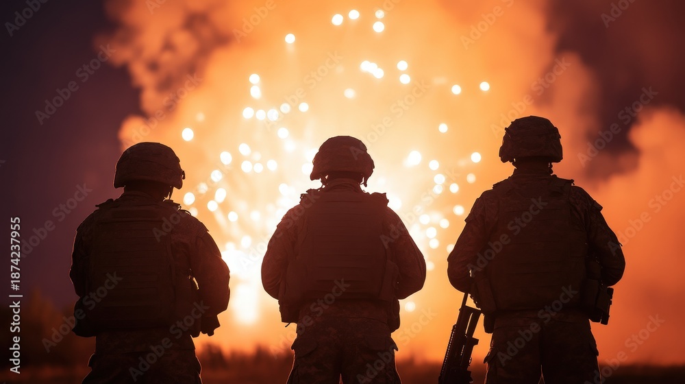 Fototapeta premium Three soldiers stand silhouetted against a fiery explosion at night, highlighting a dramatic military scene.