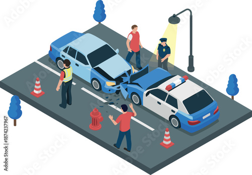 Isometric car accident scene with police officers investigating crash, damaged vehicles on city street, road safety emergency response vector illustration