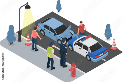 Isometric car accident scene with police officers investigating crash, damaged vehicles on city street, road safety emergency response vector illustration