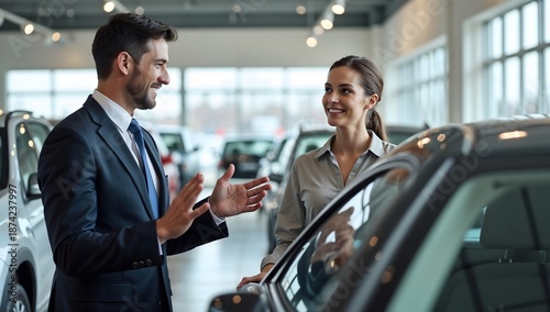 Modern Dealership Showroom Conversation Between Salesman and Customer in Car
