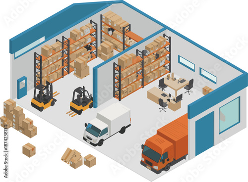 Isometric warehouse logistics illustration with forklifts trucks storage shelves distribution center inventory management shipping transportation industry operations supply chain business