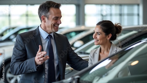 Bright Smiling Salesman Demonstrating New Automobile Features to Happy Customer