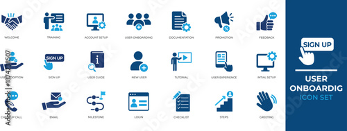 User onboarding icon set for saas ui ux design. vector solid symbols for app walkthrough, progress bar, checklist, feedback, and customer setup guide.