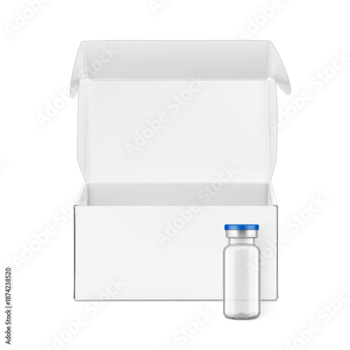 Transparent glass vial for injections with open paperboard box mockup. Vector illustration isolated on white background. Can be use for medicine, cosmetic and other. Ready for your design. EPS10.