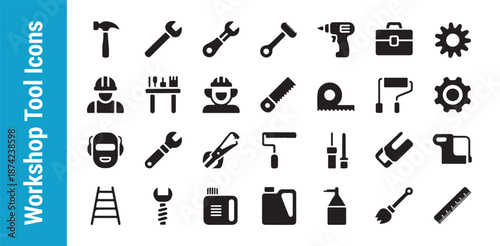 Workshop tool icons in solid style featuring hammer drill wrench safety helmet and toolbox for repair and industry