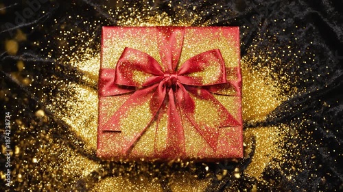 High-speed slow motion overhead view of shimmering gold glitter confetti raining down onto a beautifully wrapped vibrant red gift box with matching bow High-speed, bow, overhead