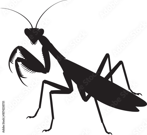 Black silhouette of praying mantis insect with large front legs on checkered background