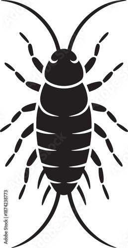 Black silhouette vector icon of silverfish insect isolated on gray checkered background design