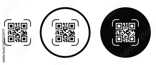 Three minimalist black and white QR code icons arranged horizontally on a transparent background. Left: standard square QR pattern. Center: QR inside thin white circle on black. Right: QR inside thick
