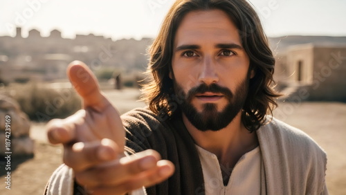 Man Jesus Christ extending hand for help in a spiritual and religious concept. Warm tone for faith and divine guidance themes.
