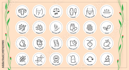 Woman vaginal care set icons. The outline icons are well scalable and editable. Contrasting elements are good for different backgrounds. EPS10.