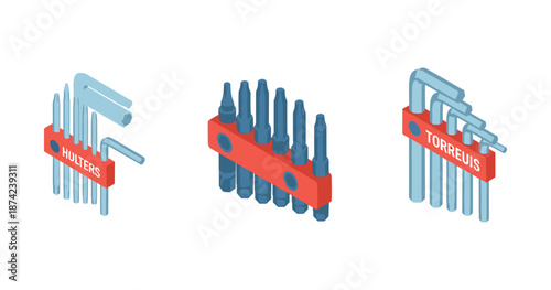 Isometric tool sets: hex keys and torx bits in red holders on white background
