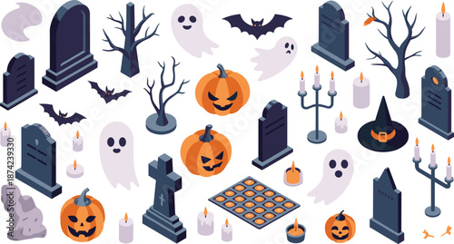 Isometric Halloween illustration with ghosts, pumpkins, gravestones, bats, candles, witch hat, spooky trees, and cemetery decorations for festive design