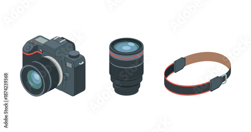 Dslr camera with detachable lens and camera strap isolated on white background