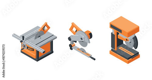 Isometric set of table saw, circular saw, and band saw for woodworking projects