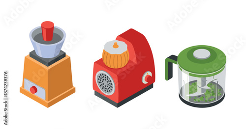 Illustration of three kitchen appliances: grinder, grinder, coffee maker
