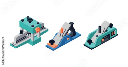 Isometric illustration of three different types of hand planers for woodworking