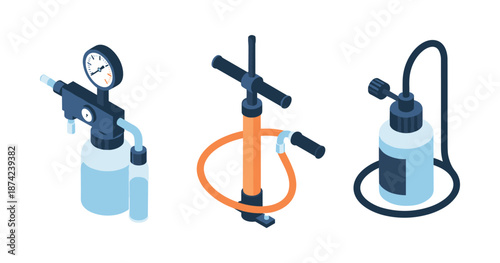 Set of air pump tools with gauges for various applications
