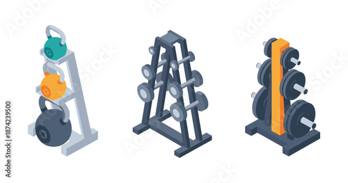 Colorful kettlebells and dumbbells on racks for fitness and strength training