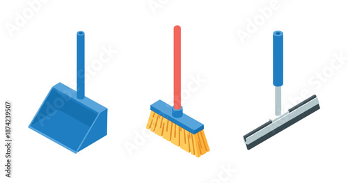 Isometric cleaning tools: blue dustpan, red-handled broom, blue-handed squeegee