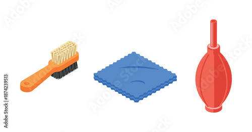 Camera cleaning tools: brush, cloth, air blower for lens maintenance