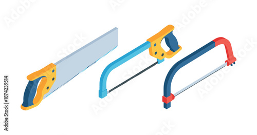 Isometric illustration of hand saw, hacksaw, and bow saw for woodworking