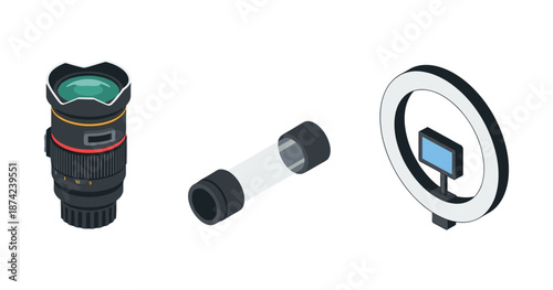 Camera equipment: lens, extension tube, and ring light for photography
