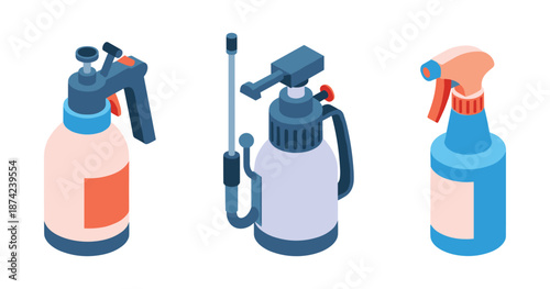 Set of three isometric spray bottles with different designs and nozzles