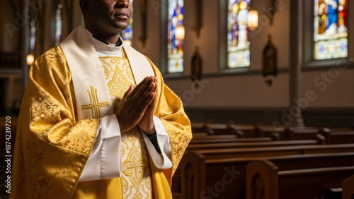 African catholic priest praying in a church. Man in golden vestment showing devotion during religious ceremony for faith and worship.