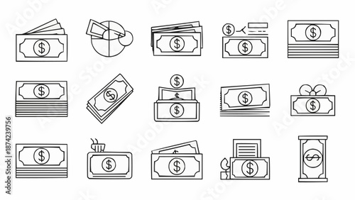 Collection of hand drawn dollar bills and money related icons.